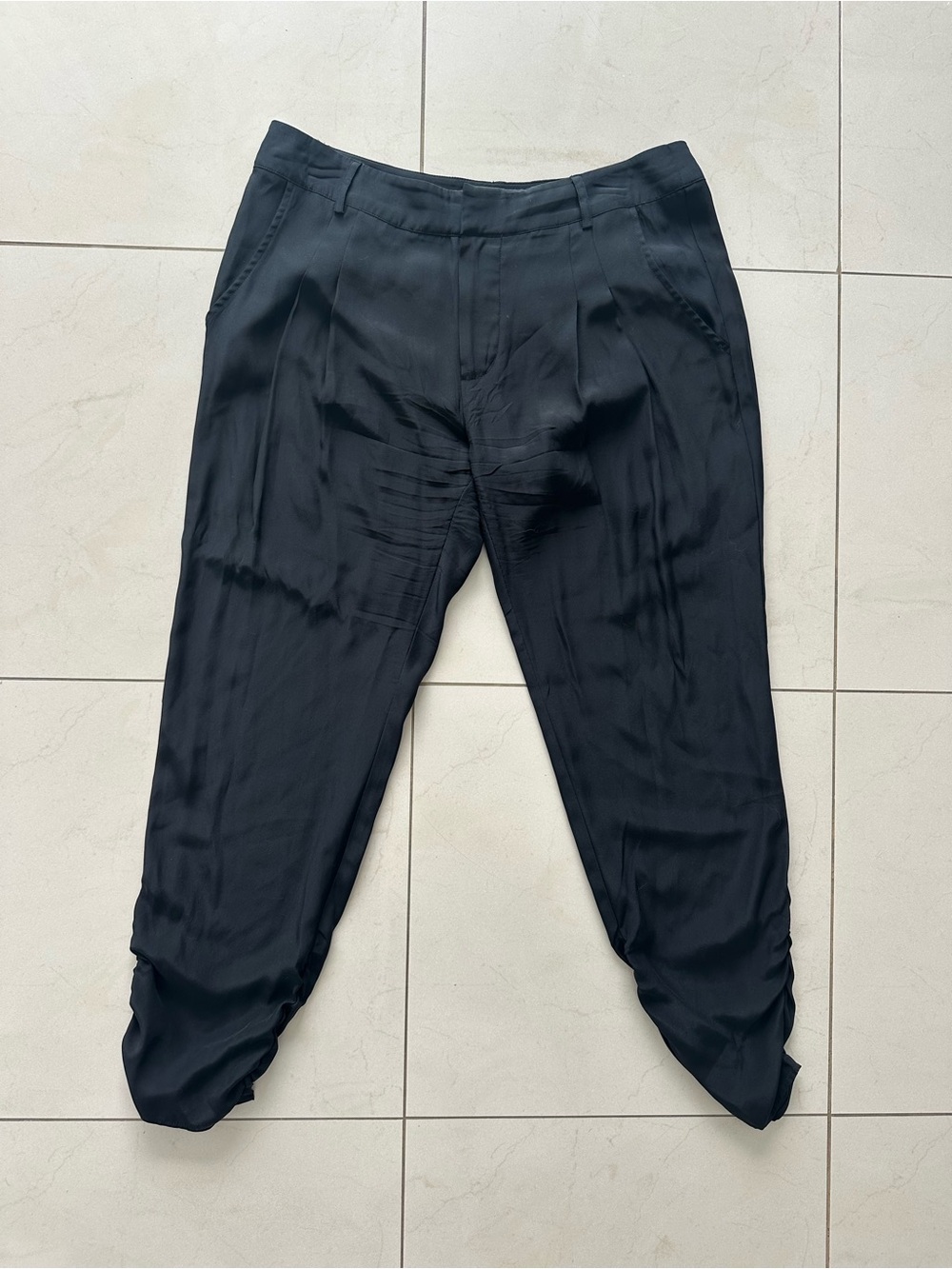 Parker Black 100% Silk Trousers with Ruched Ankles sz6